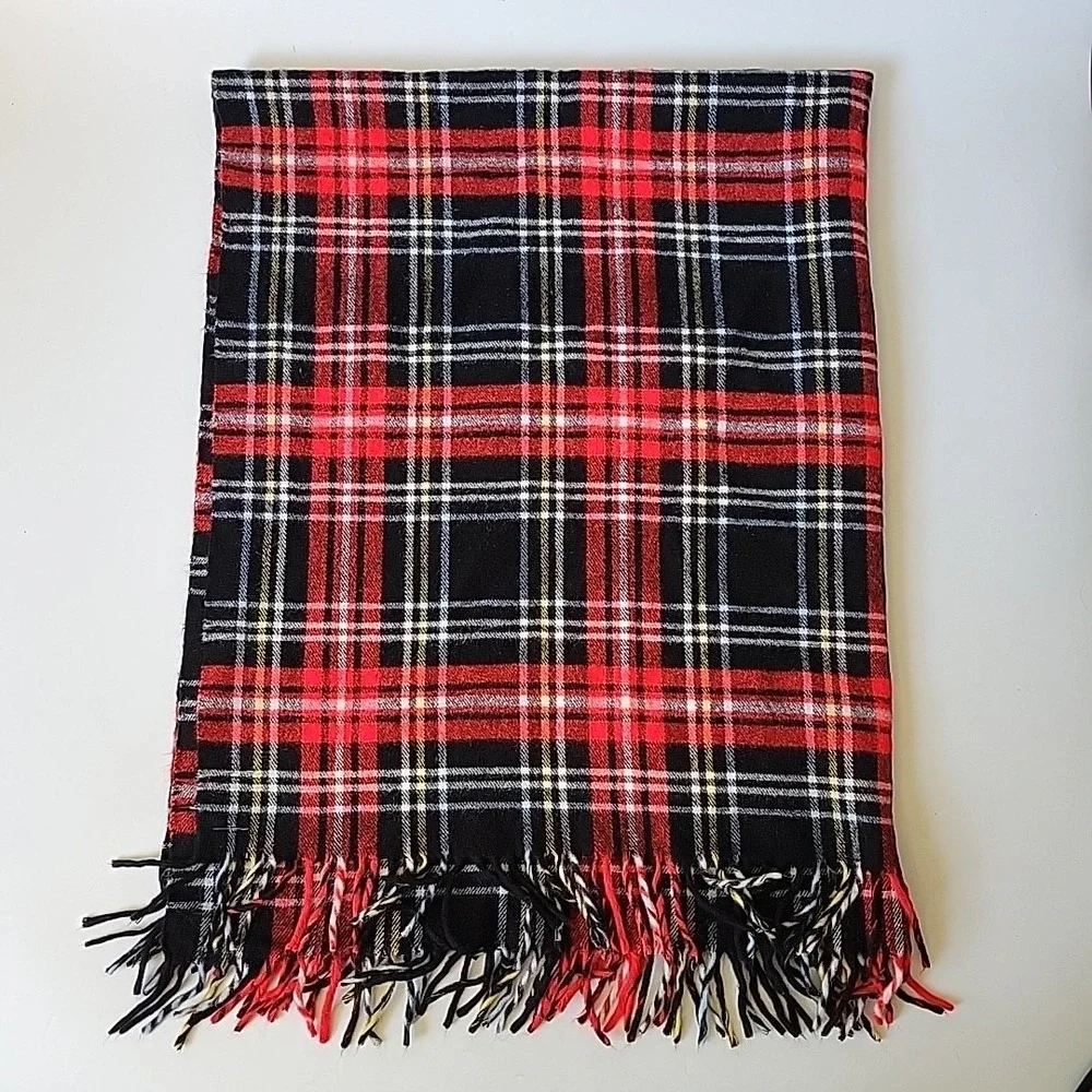 Troy Robe Vintage Wool Stadium Throw Blanket 60x52 Red Tartan Plaid Fringed Warm